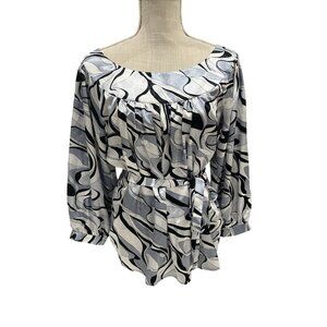 Violet & Claire Black/White Abstract Printed Satin Blouse With Belted Waist L